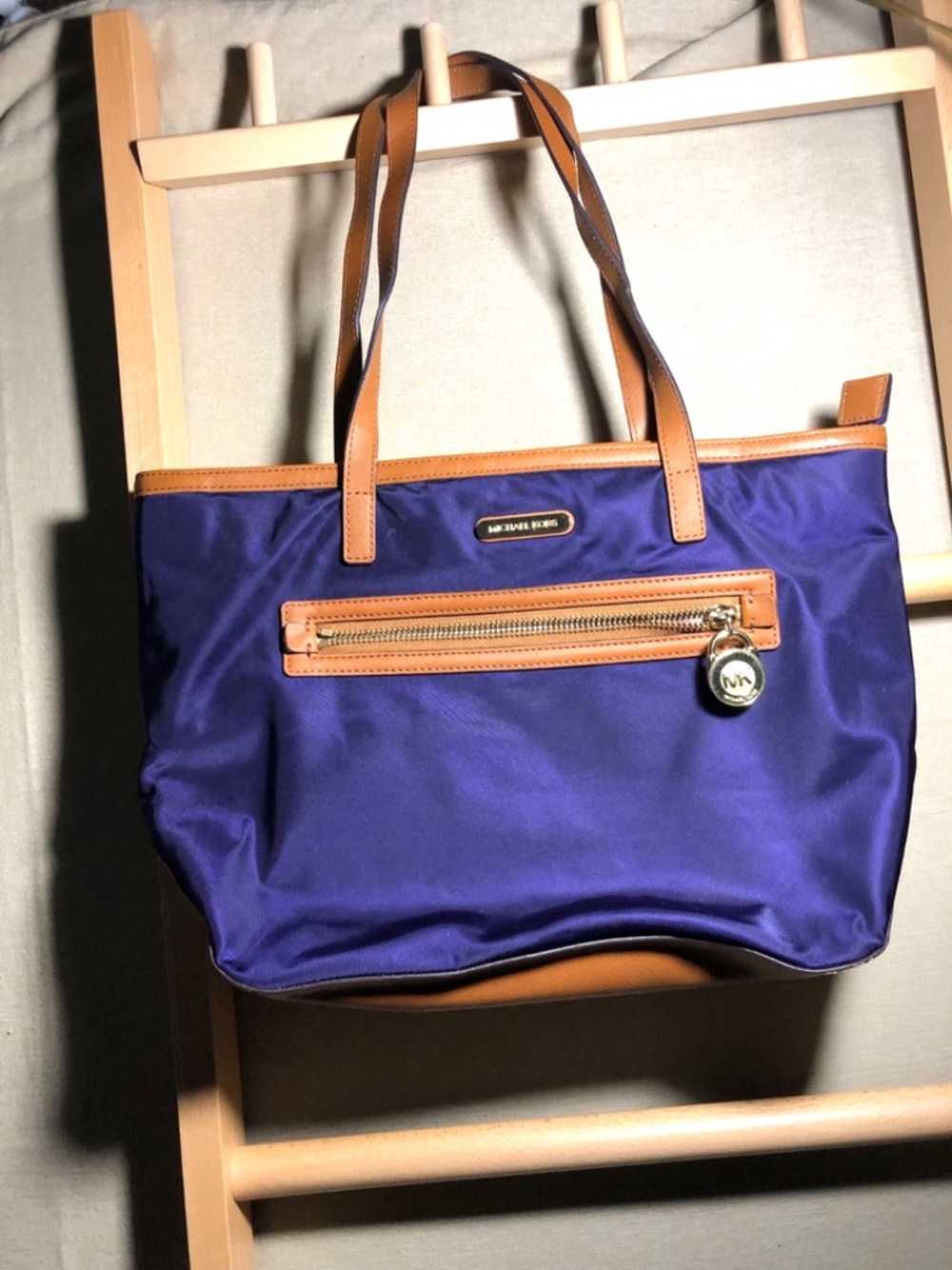 Michael Kors Kempton Nylon Tote in blue with tan leather trim